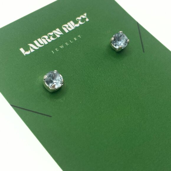 Handcrafted Light Blue Crystal Stud Earrings Shiny Silver Plated - Nickel-Free - Picture 4 of 4